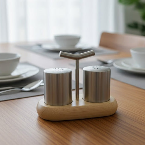 Modern Stainless Steel Salt and Pepper Shaker Set with Natural Wood Base