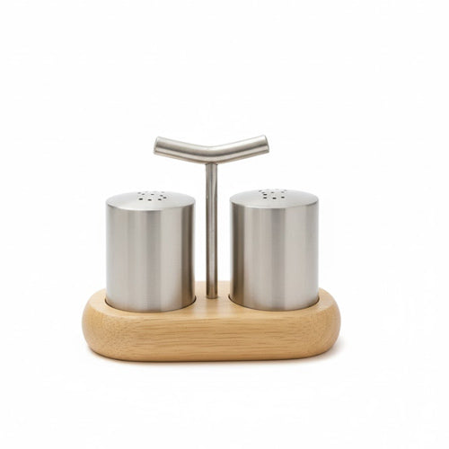 Modern Stainless Steel Salt and Pepper Shaker Set with Natural Wood Base