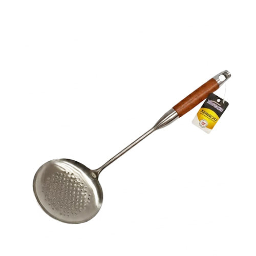 Premium Stainless Steel Skimmer Strainer Spoon | Perforated Ladle with Ergonomic Wood Handle (Long Handle Kitchen Utensil)