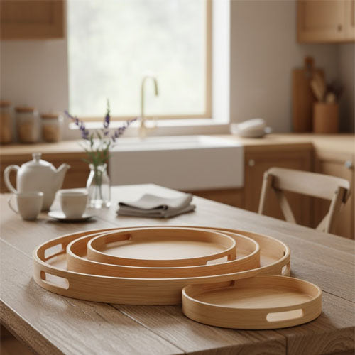 Elegant 3-Piece Round Wooden Serving Tray Set | Nesting Modern Acacia Wood Trays with Handles