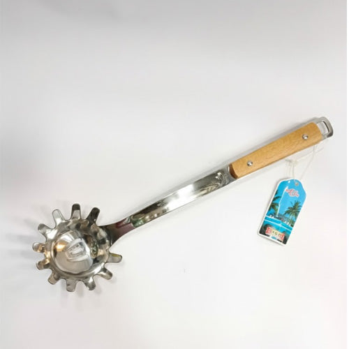Stainless Steel Spaghetti Server with Wood Handle | Pasta Fork & Drainer Spoon Utensil