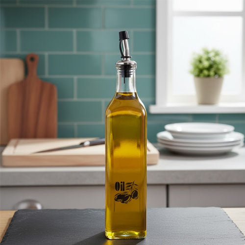 Elegant Square Glass Oil Dispenser Bottle with Stainless Steel Pour Spout